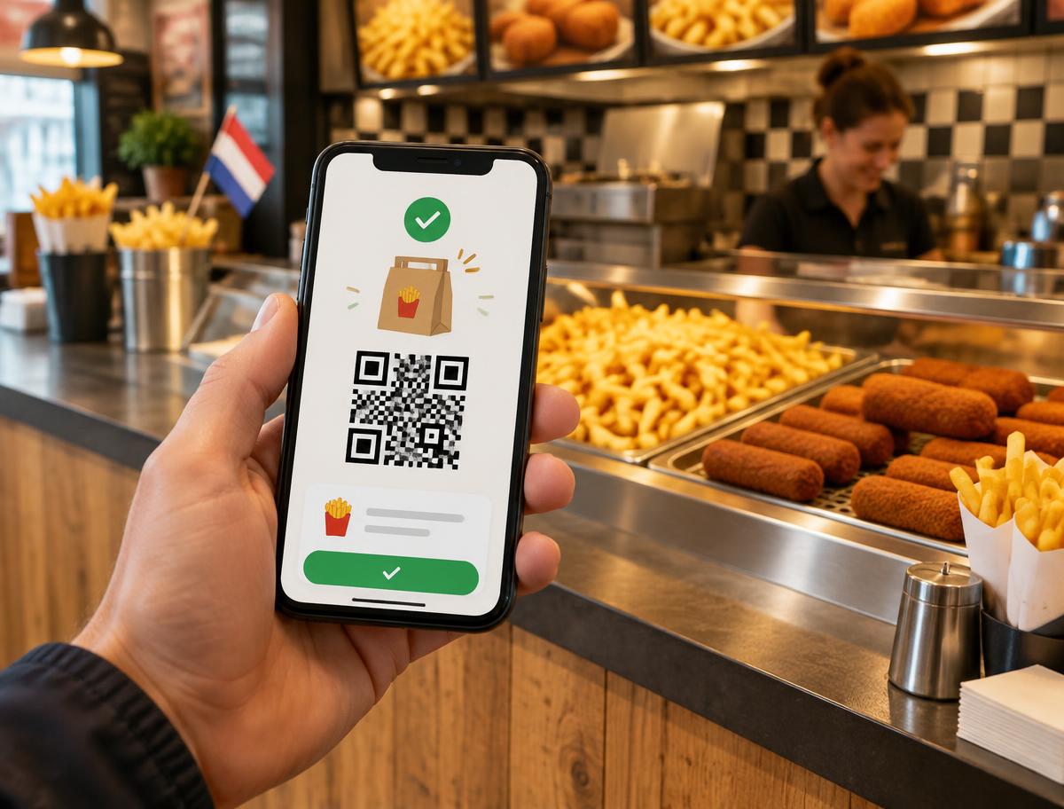 Klant laat afhaalbewijs met QR code zien aan de toonbank van een snackbar