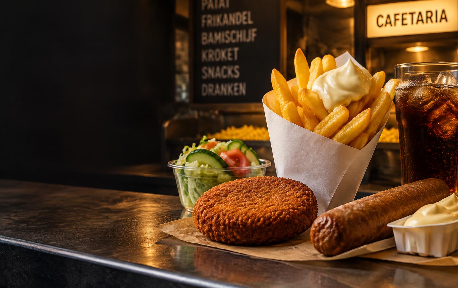 Patat met, bamischijf, frikandel, salade en cola op de toonbank van een cafetaria