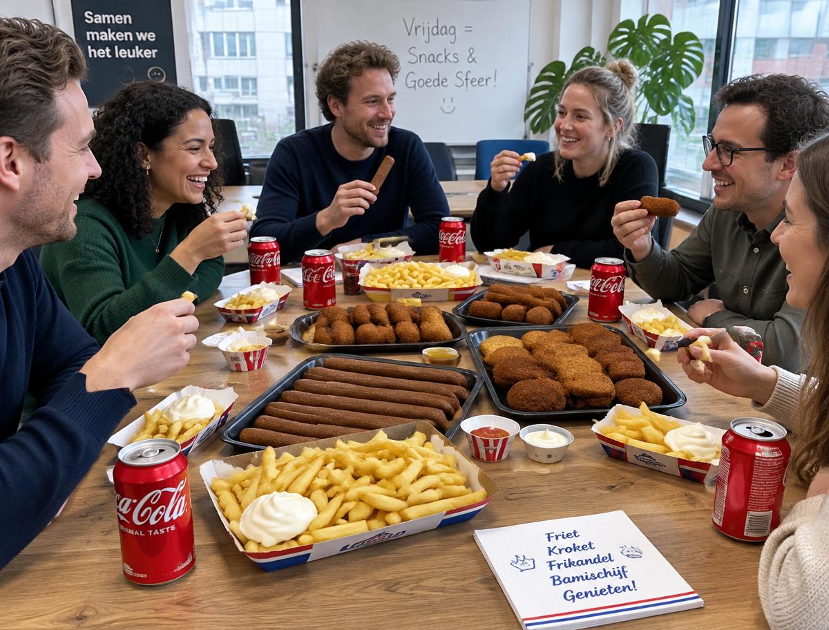 Collega's eten op vrijdagmiddag samen patat, kroketten en frikandellen op kantoor